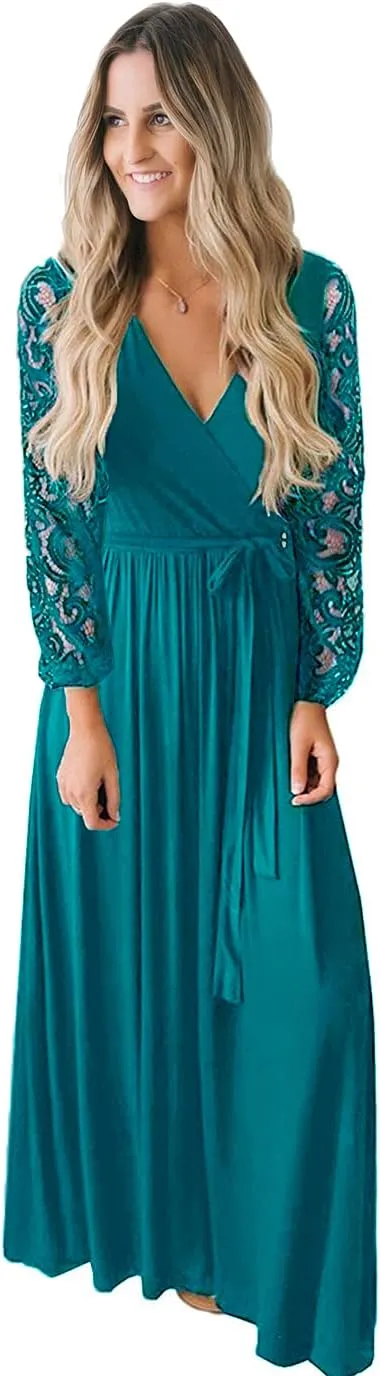 Kranda Womens Vintage Floral Lace Long Sleeve Faux Wrap V Neck Party Long Maxi Dress