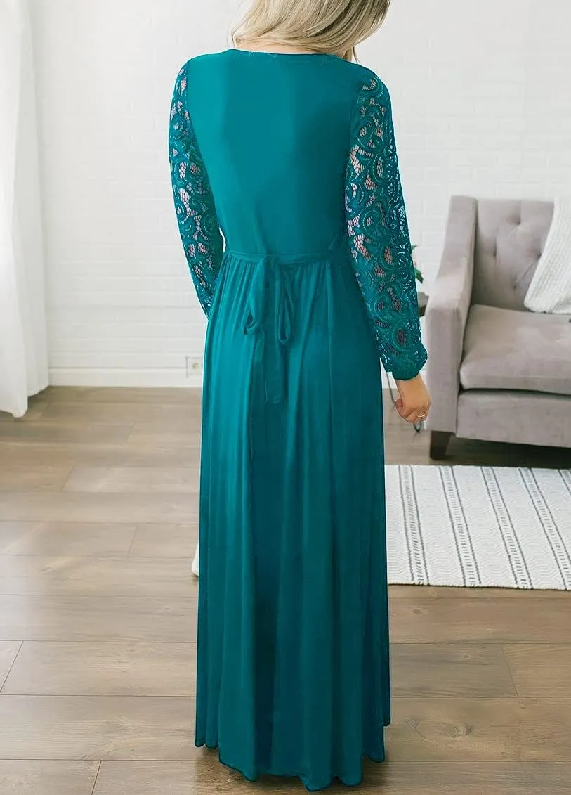 Kranda Womens Vintage Floral Lace Long Sleeve Faux Wrap V Neck Party Long Maxi Dress