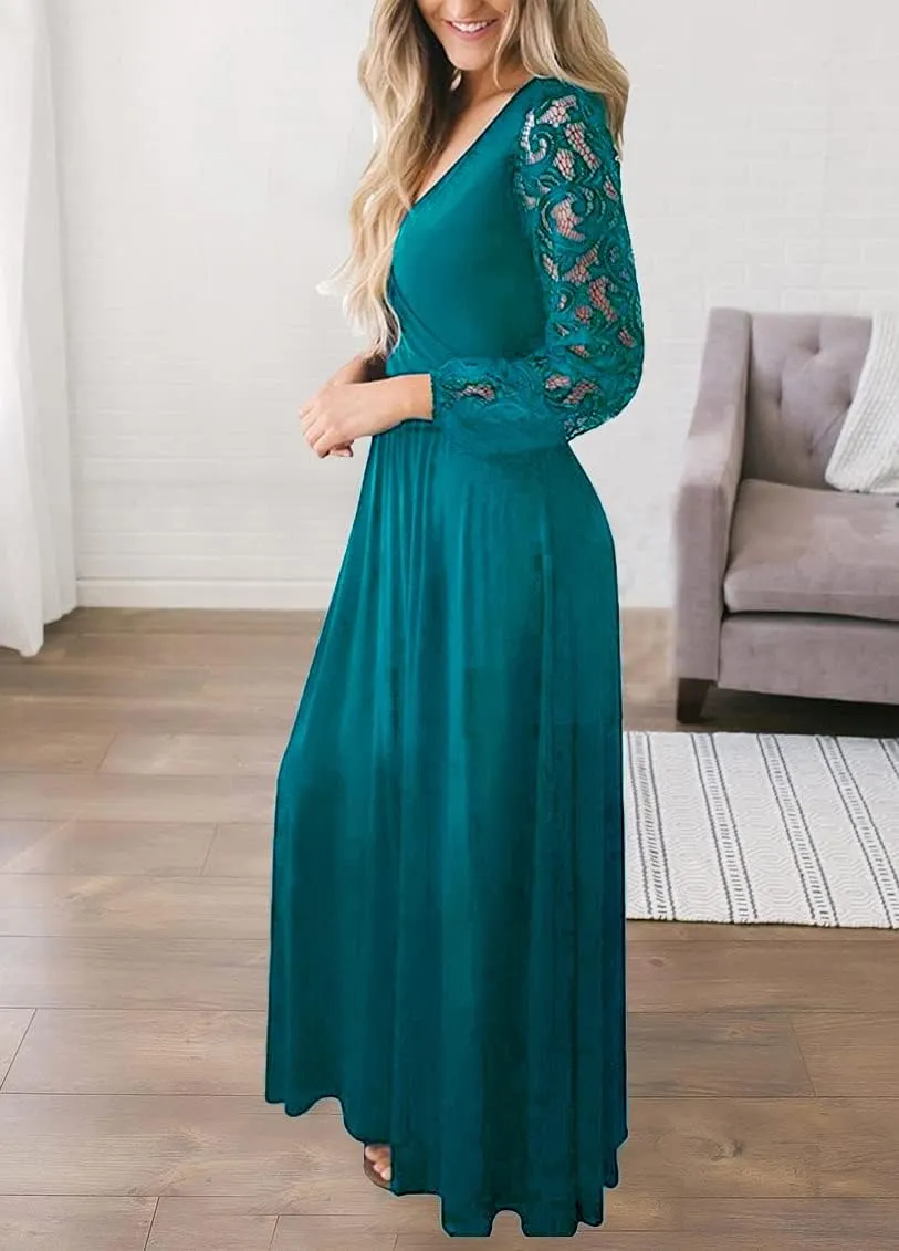 Kranda Womens Vintage Floral Lace Long Sleeve Faux Wrap V Neck Party Long Maxi Dress