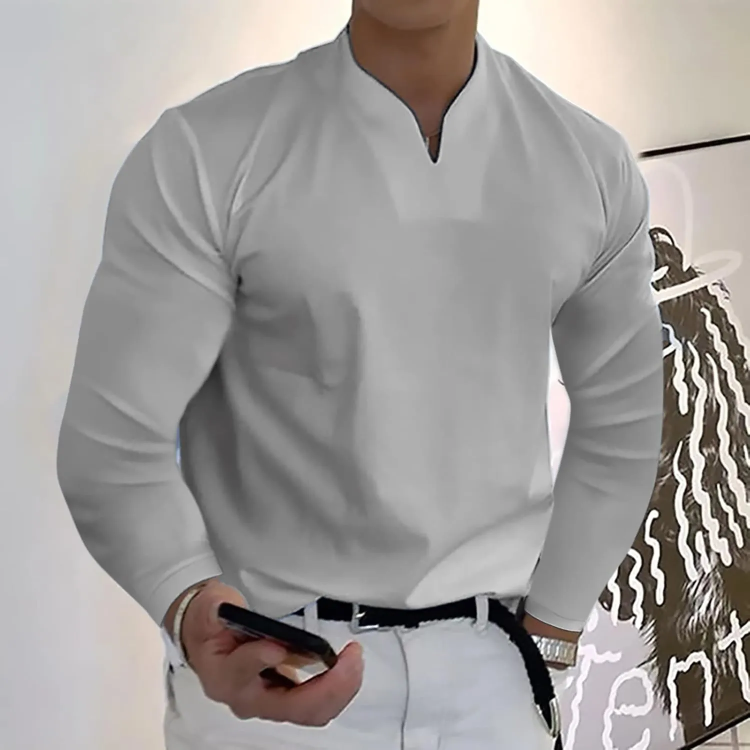 Long Sleeve T Shirt Men Big and Tall Oversized V Neck Fall Shirts Baggy Solid Shirts Big and Tall Fall Tshirts