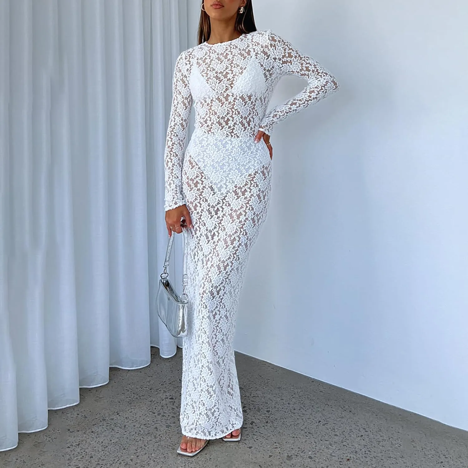 Luckinbaby Women Floral Lace Slip Long Dress Long Sleeve See Through Mesh Maxi Dress Sexy Evening Party Beach Cover Dress