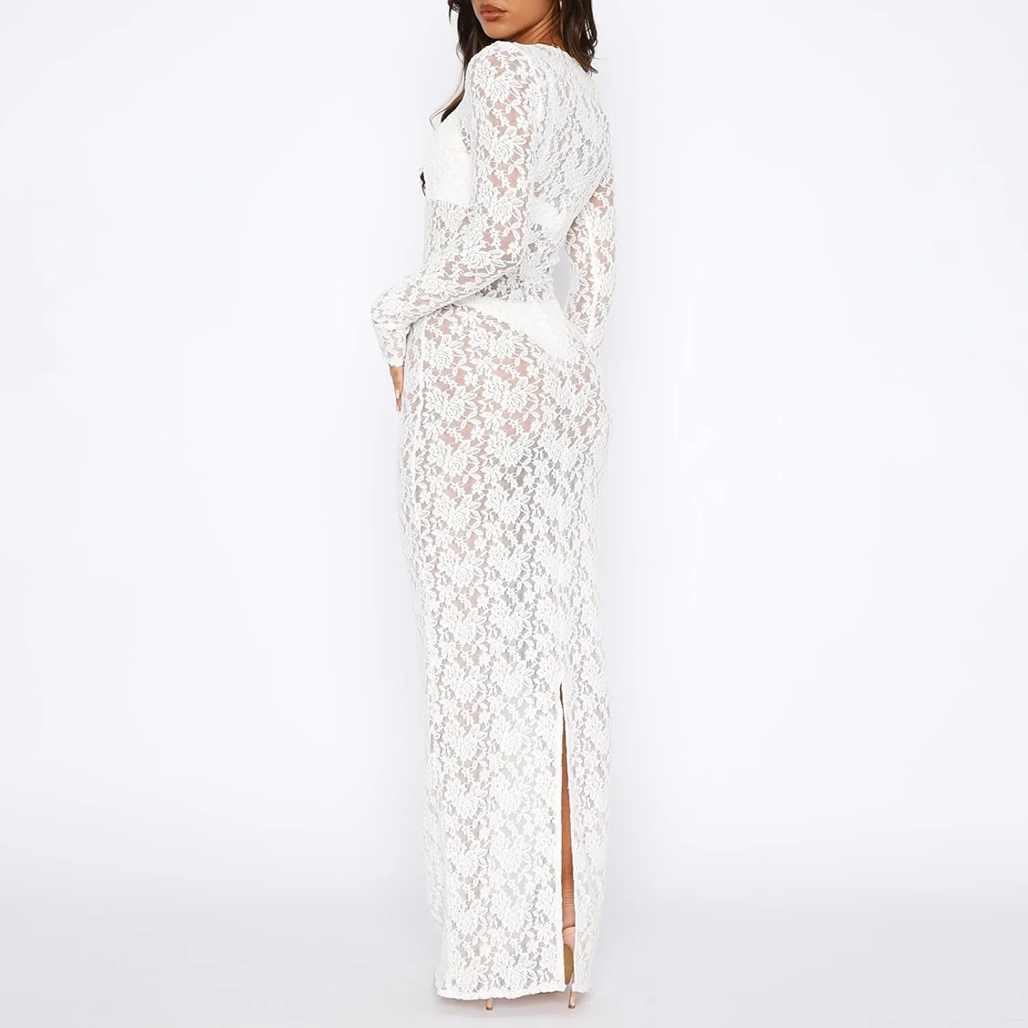 Luckinbaby Women Floral Lace Slip Long Dress Long Sleeve See Through Mesh Maxi Dress Sexy Evening Party Beach Cover Dress