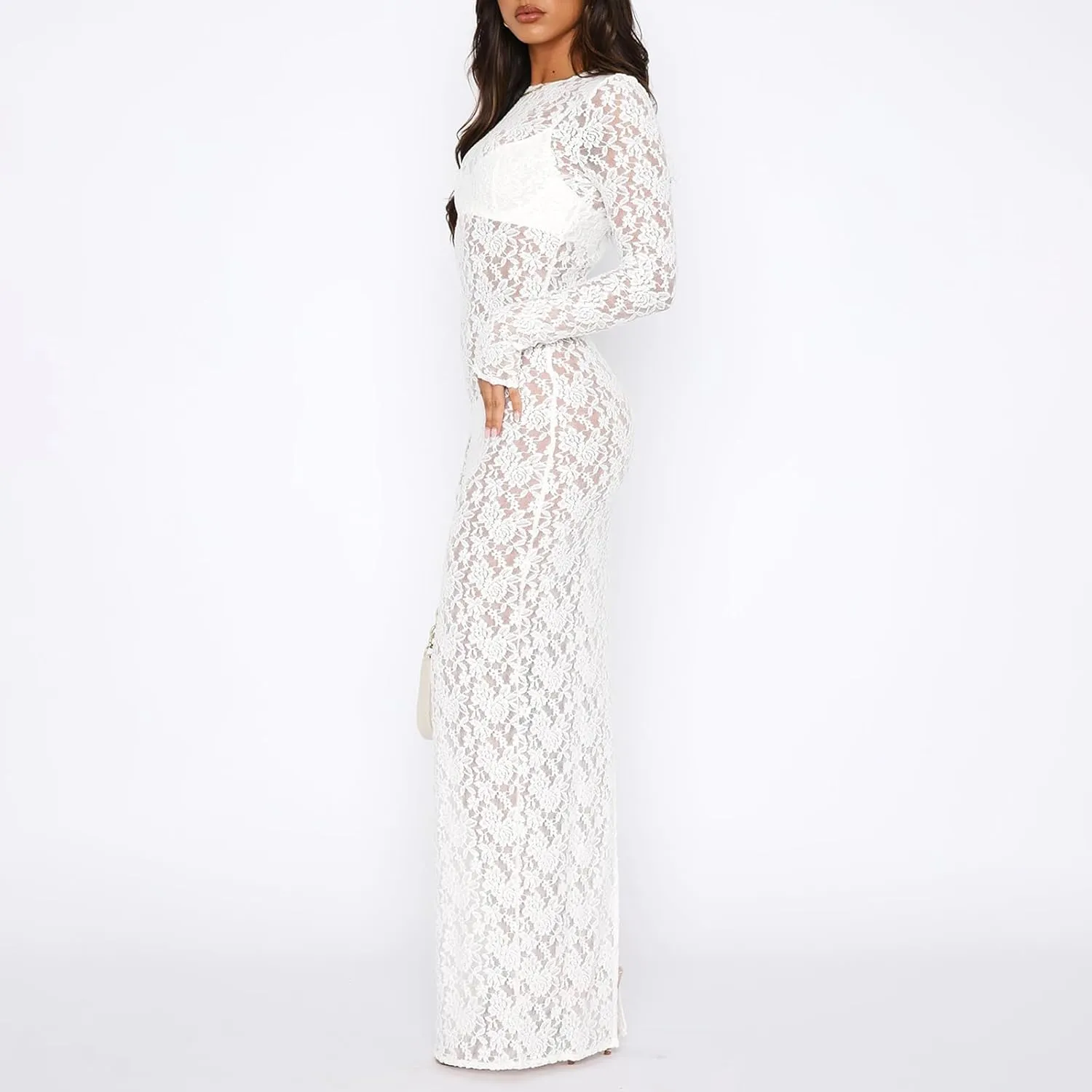 Luckinbaby Women Floral Lace Slip Long Dress Long Sleeve See Through Mesh Maxi Dress Sexy Evening Party Beach Cover Dress