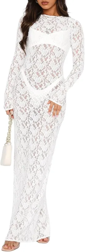Luckinbaby Women Floral Lace Slip Long Dress Long Sleeve See Through Mesh Maxi Dress Sexy Evening Party Beach Cover Dress