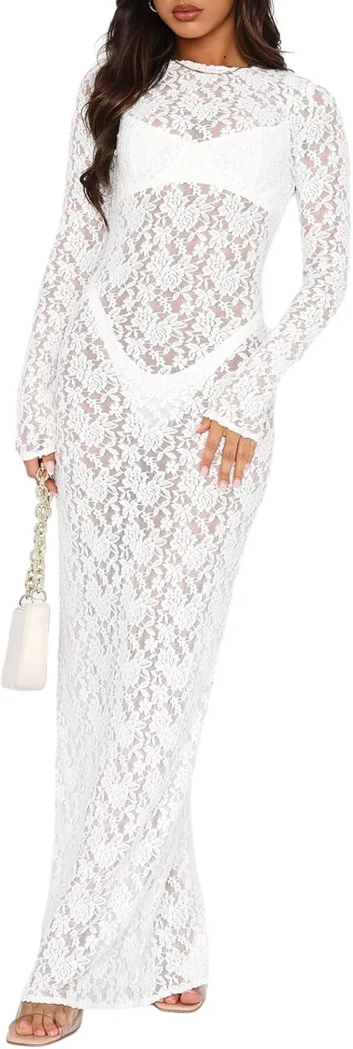 Luckinbaby Women Floral Lace Slip Long Dress Long Sleeve See Through Mesh Maxi Dress Sexy Evening Party Beach Cover Dress