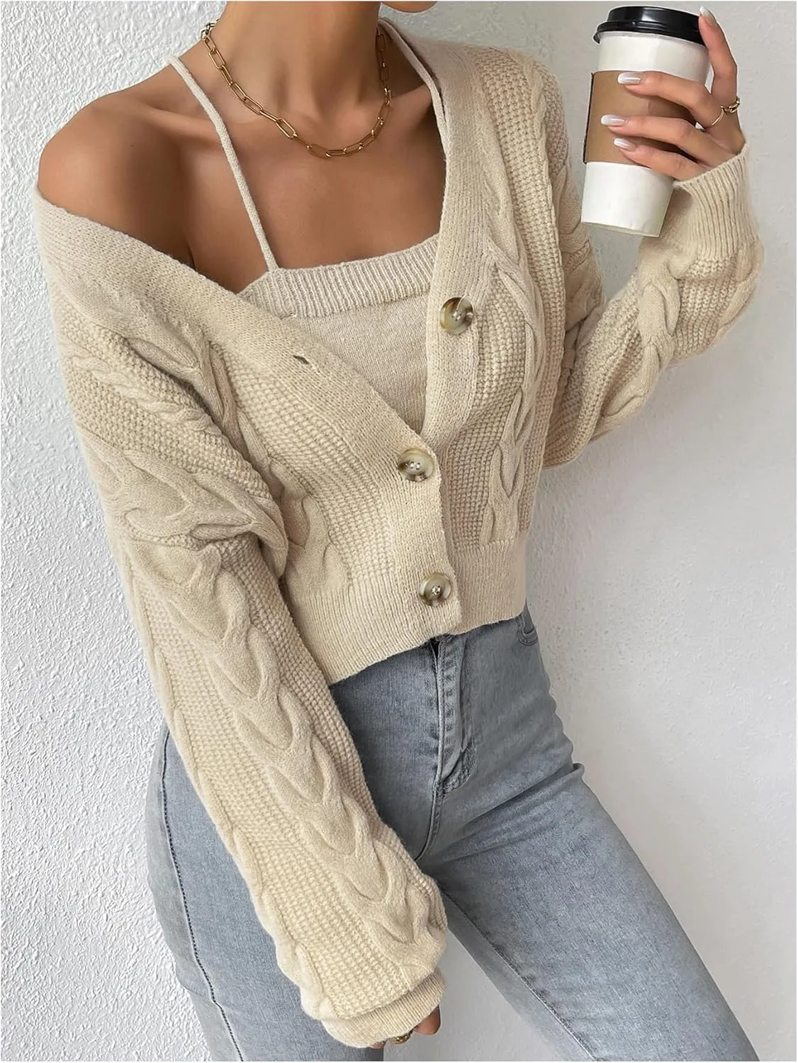MakeMeChic Women's Two Piece Outfit Cable Knit Cropped Cardigan Sweater and Cami Crop Top Set