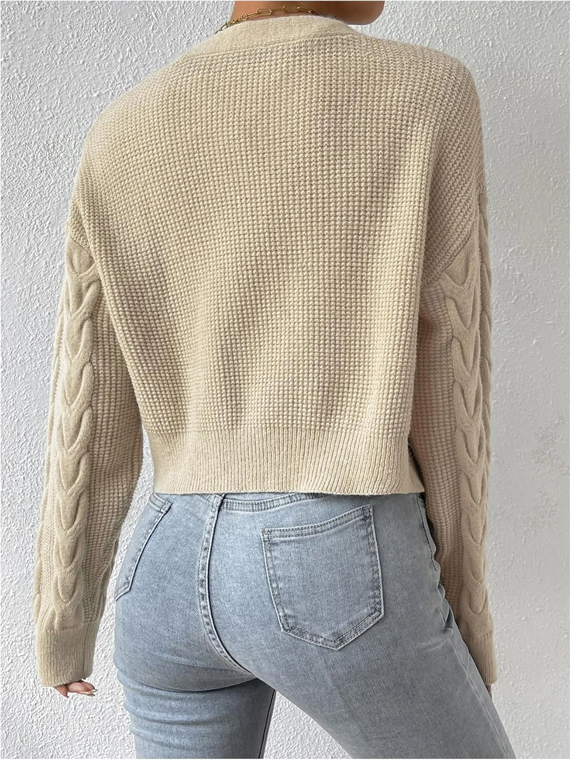 MakeMeChic Women's Two Piece Outfit Cable Knit Cropped Cardigan Sweater and Cami Crop Top Set