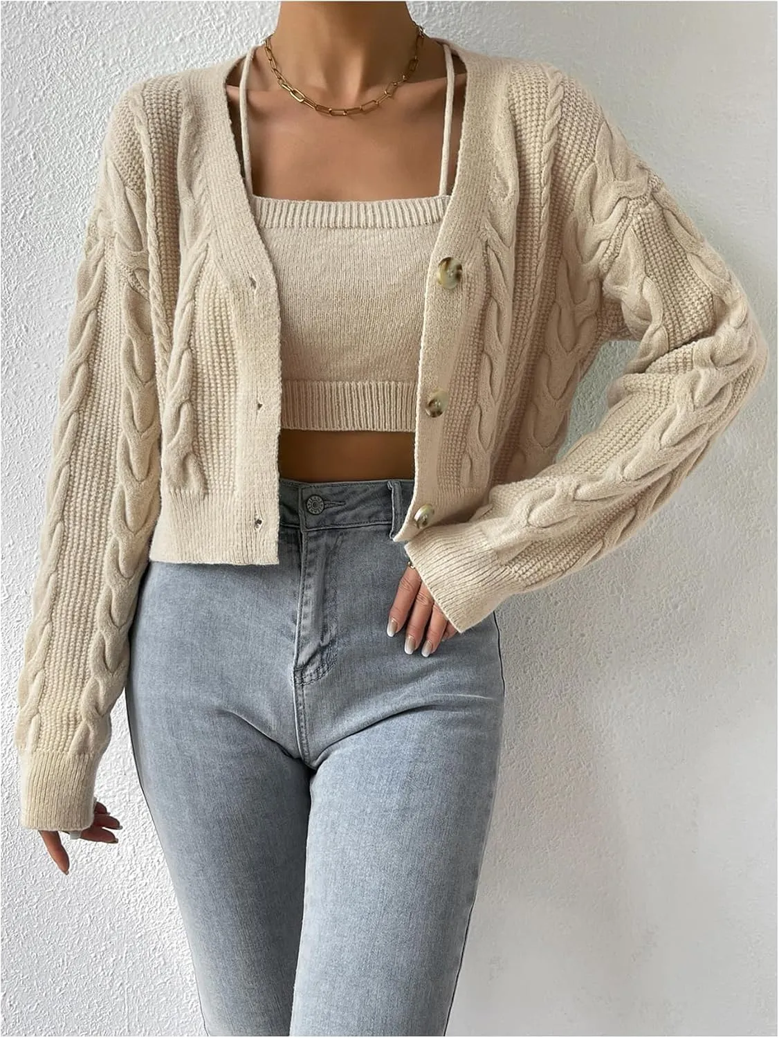 MakeMeChic Women's Two Piece Outfit Cable Knit Cropped Cardigan Sweater and Cami Crop Top Set