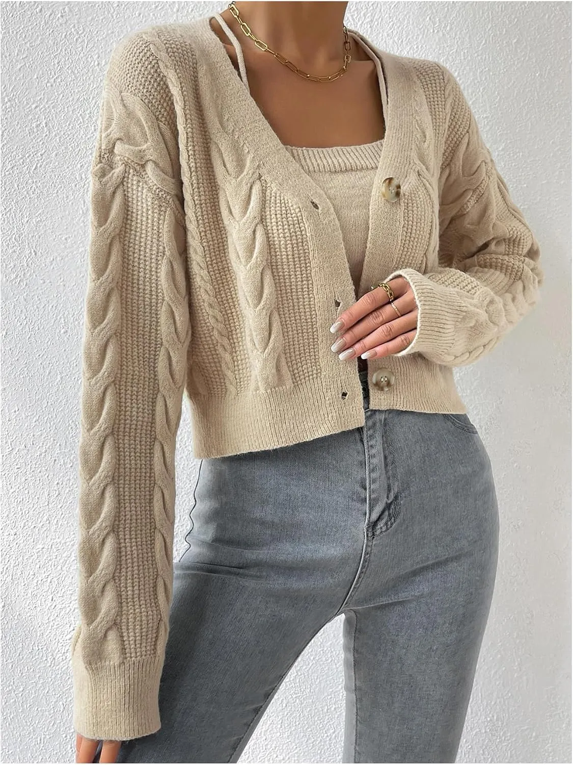 MakeMeChic Women's Two Piece Outfit Cable Knit Cropped Cardigan Sweater and Cami Crop Top Set