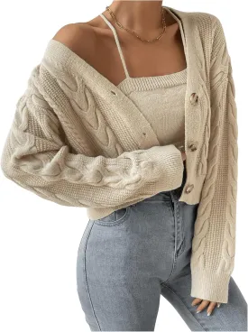 MakeMeChic Women's Two Piece Outfit Cable Knit Cropped Cardigan Sweater and Cami Crop Top Set
