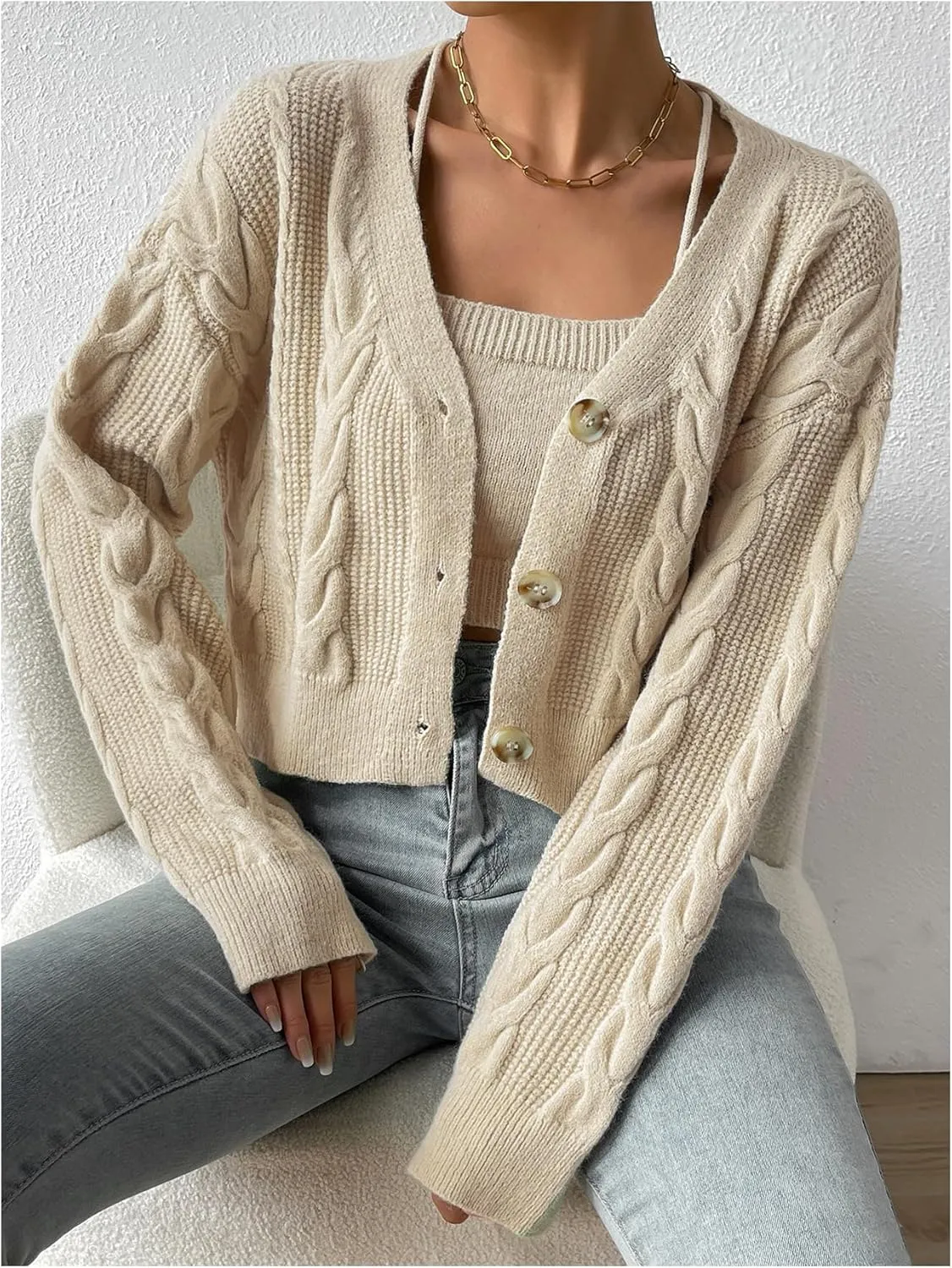 MakeMeChic Women's Two Piece Outfit Cable Knit Cropped Cardigan Sweater and Cami Crop Top Set