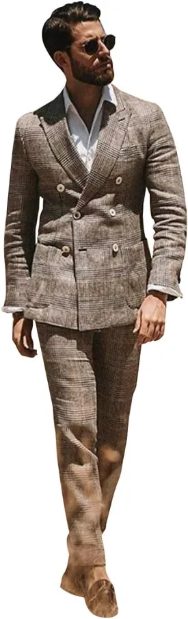 Men's Plaid Two Piece Suit Double Breasted Peak Lapel Vintage Fashion Tuxedo