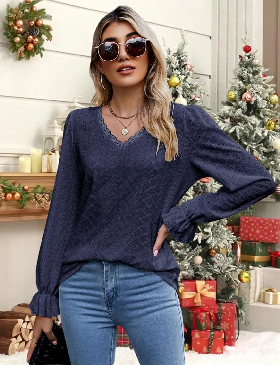 Misyula Womens Lace V Neck Puff Long Sleeve Eyelet Tops Dressy Business Casual Work Shirts Blouse S-XXL