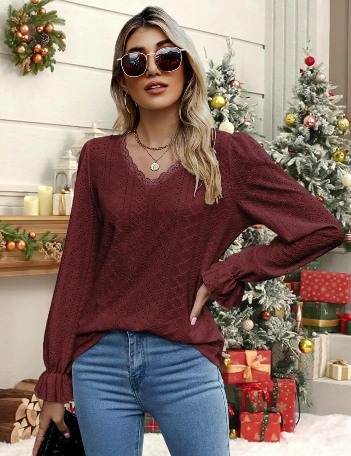 Misyula Womens Lace V Neck Puff Long Sleeve Eyelet Tops Dressy Business Casual Work Shirts Blouse S-XXL