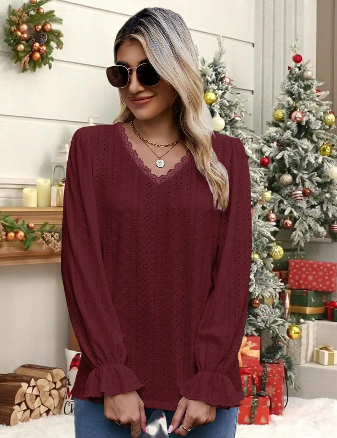 Misyula Womens Lace V Neck Puff Long Sleeve Eyelet Tops Dressy Business Casual Work Shirts Blouse S-XXL