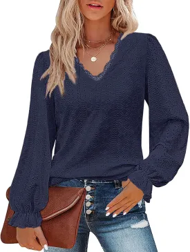 Misyula Womens Lace V Neck Puff Long Sleeve Eyelet Tops Dressy Business Casual Work Shirts Blouse S-XXL