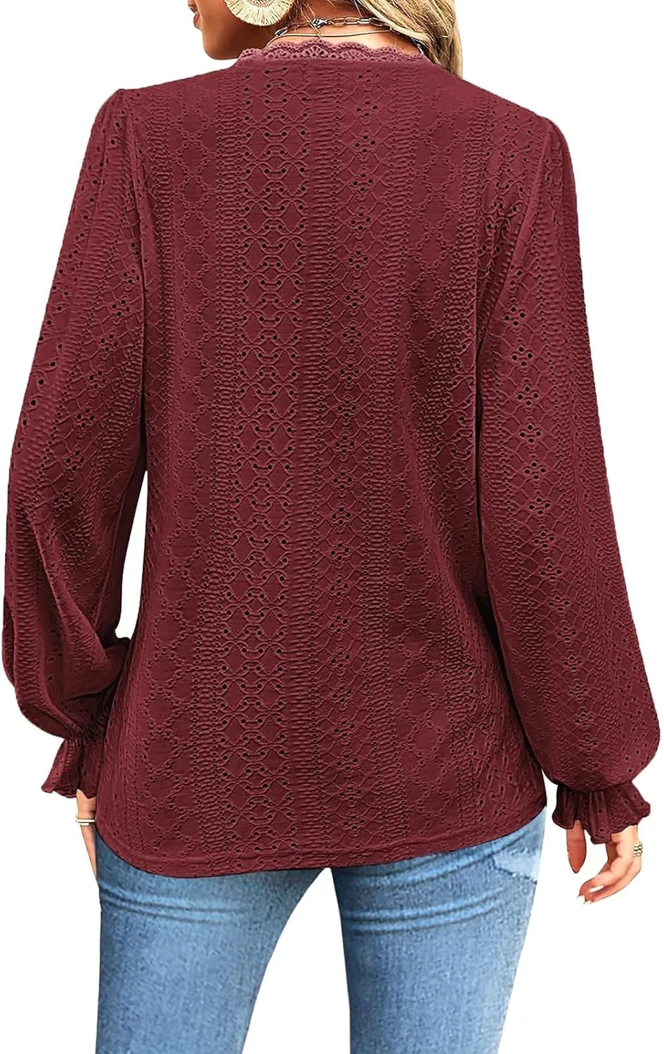Misyula Womens Lace V Neck Puff Long Sleeve Eyelet Tops Dressy Business Casual Work Shirts Blouse S-XXL