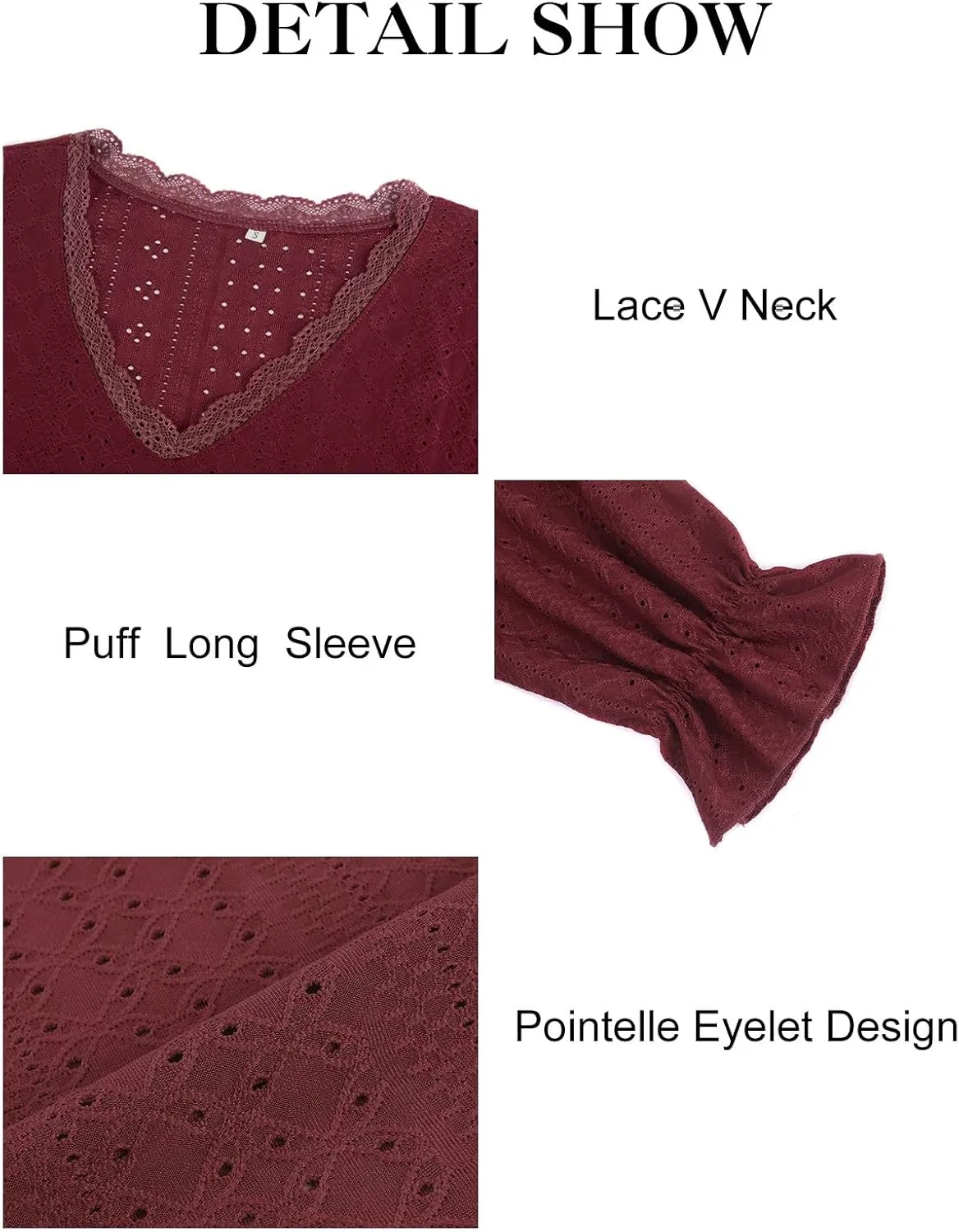 Misyula Womens Lace V Neck Puff Long Sleeve Eyelet Tops Dressy Business Casual Work Shirts Blouse S-XXL