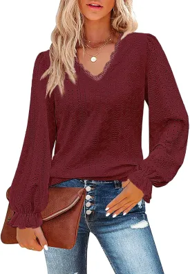 Misyula Womens Lace V Neck Puff Long Sleeve Eyelet Tops Dressy Business Casual Work Shirts Blouse S-XXL
