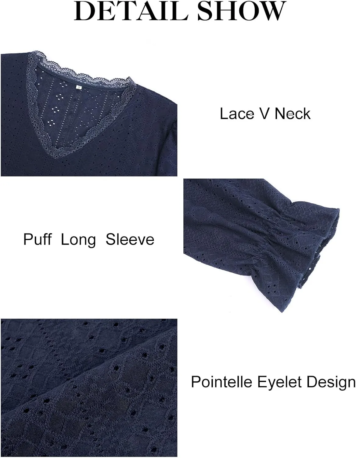 Misyula Womens Lace V Neck Puff Long Sleeve Eyelet Tops Dressy Business Casual Work Shirts Blouse S-XXL