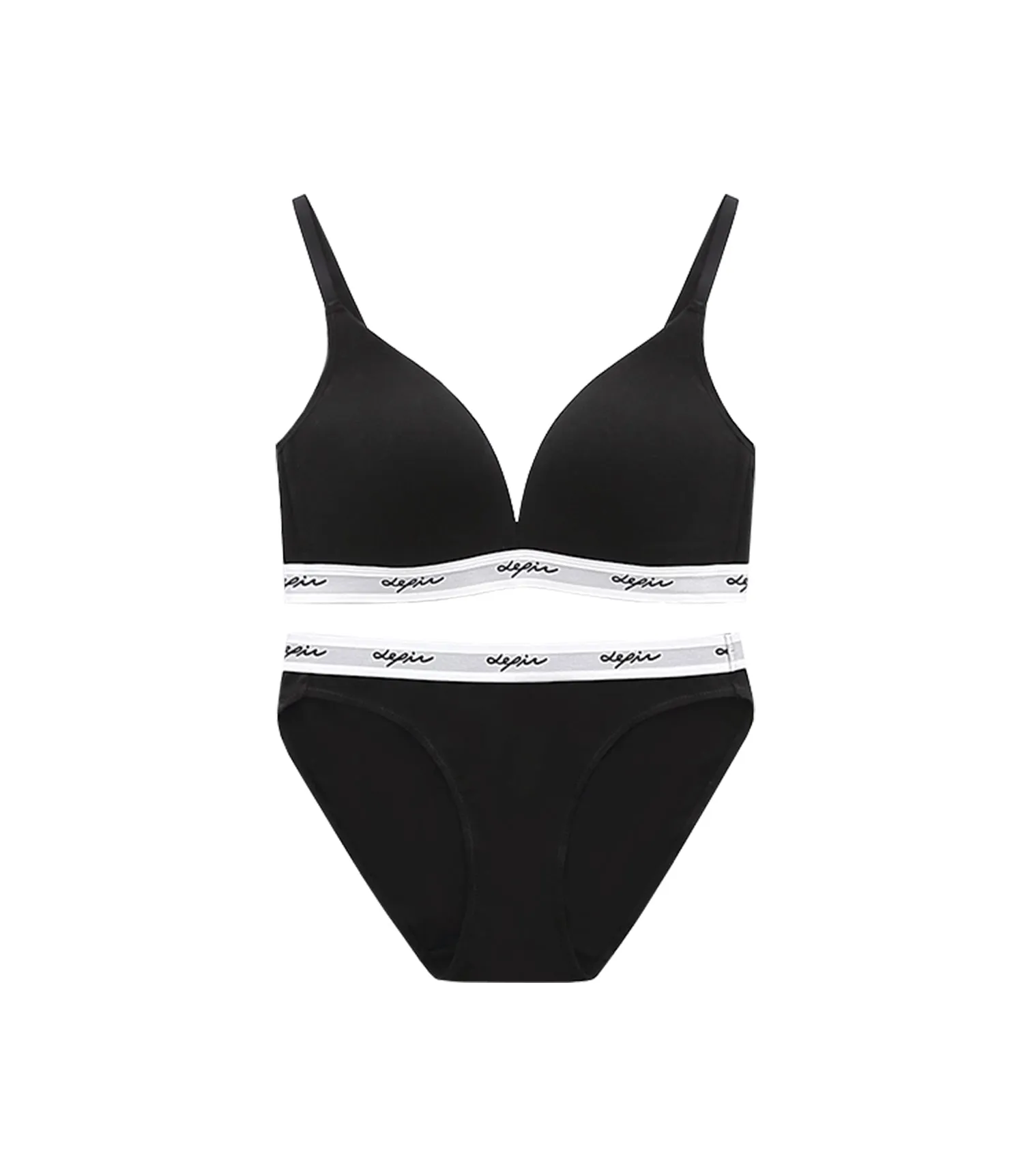 MODISH - Deep V Beauty Plunge Wireless Cotton Comfy Bra Set Black