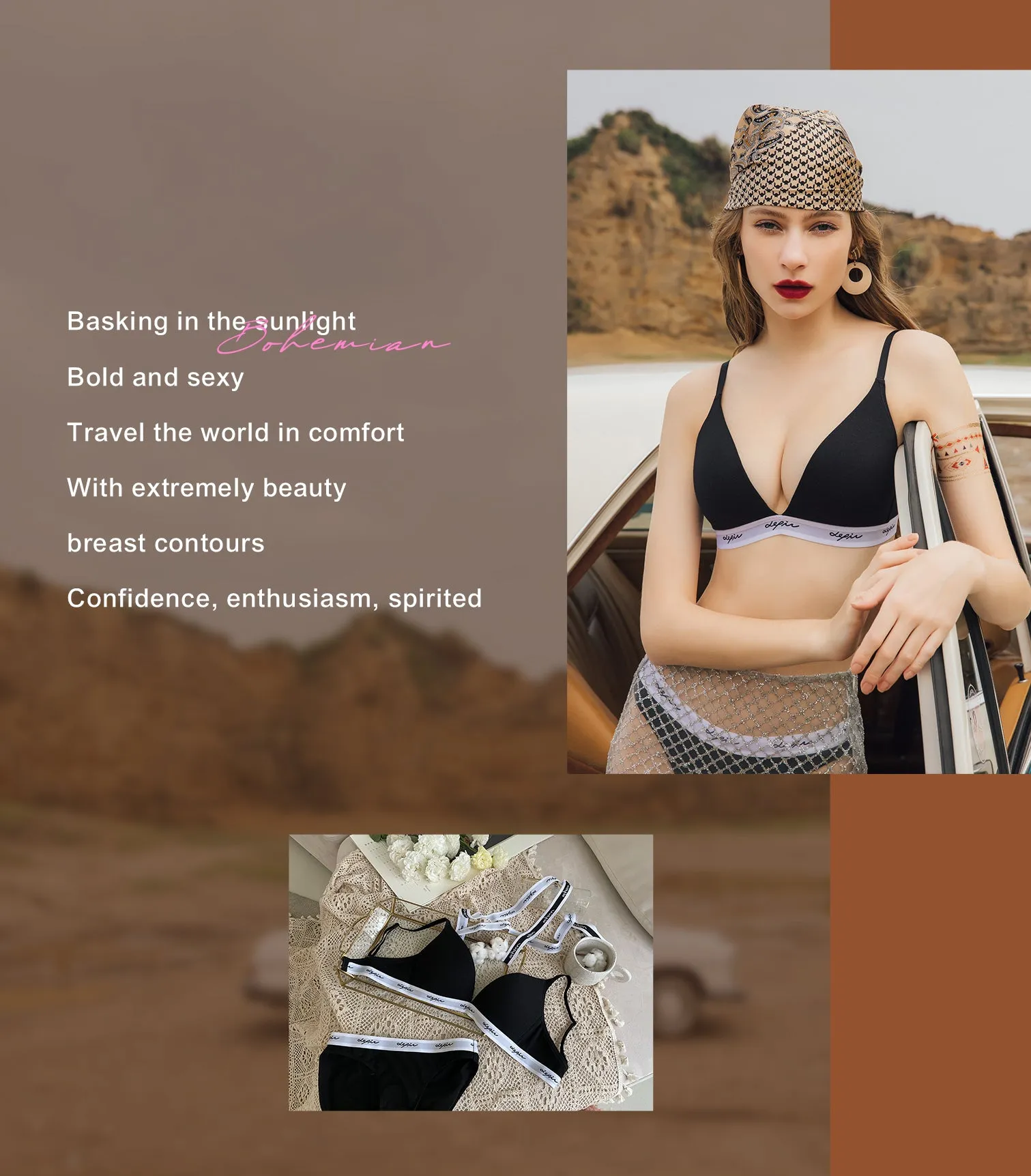 MODISH - Deep V Beauty Plunge Wireless Cotton Comfy Bra Set Black