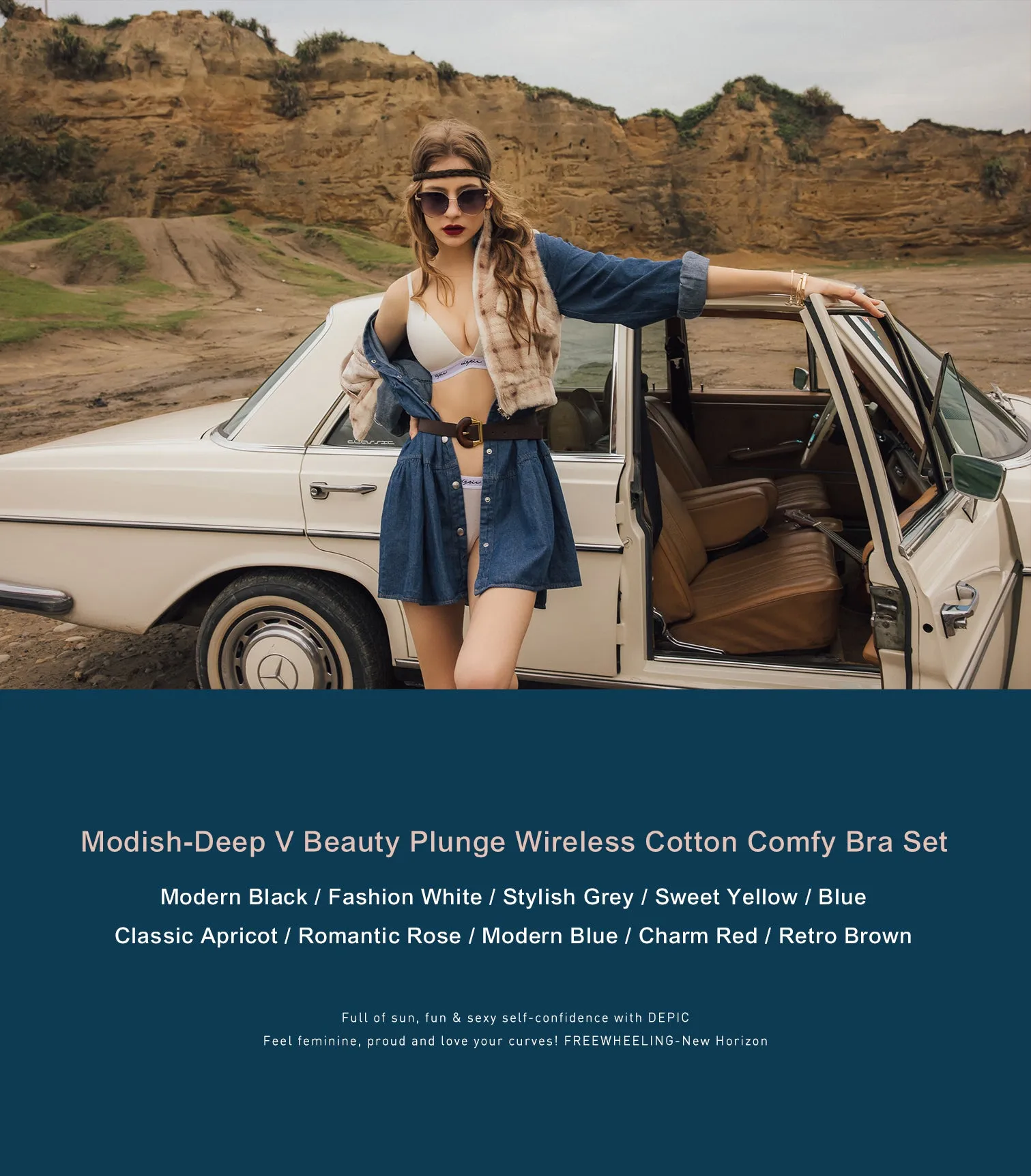 MODISH - Deep V Beauty Plunge Wireless Cotton Comfy Bra Set Black