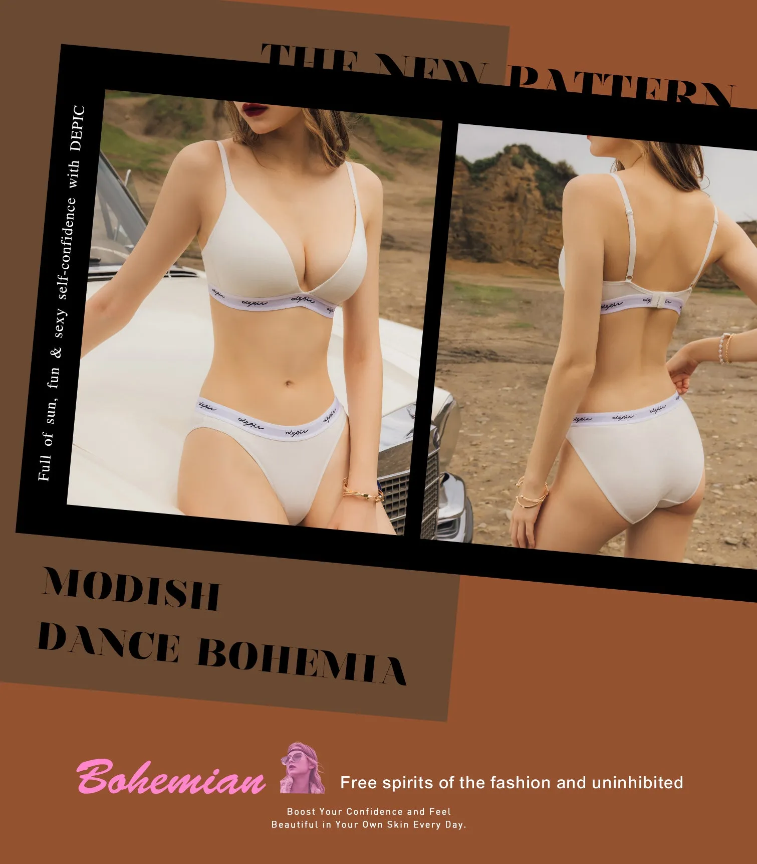 MODISH - Deep V Beauty Plunge Wireless Cotton Comfy Bra Set White