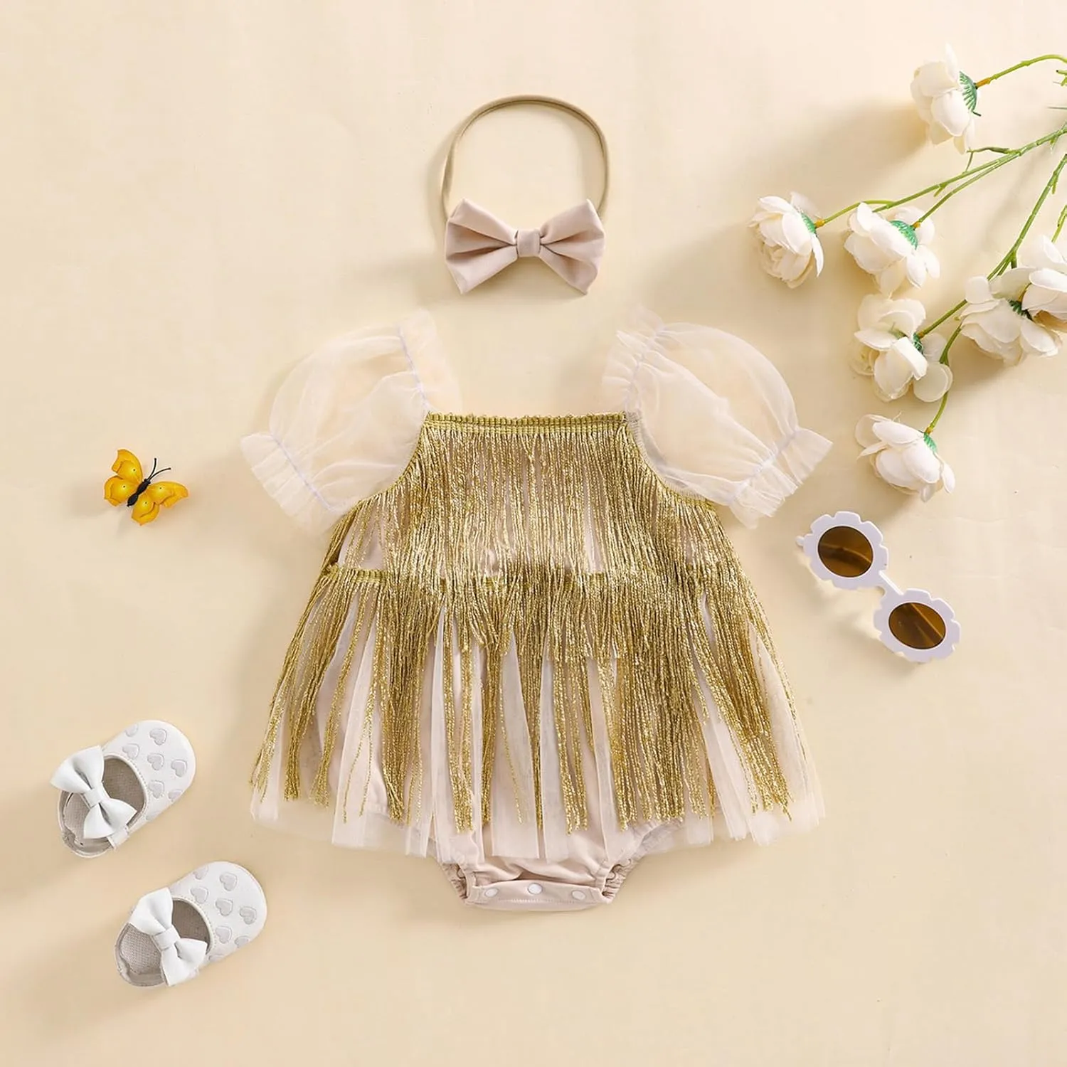 Newborn Sequin Fringe Romper Dress Sparkling Tassel Puff Sleeve Tulle Romper Headband Baby Girls Summer Clothes