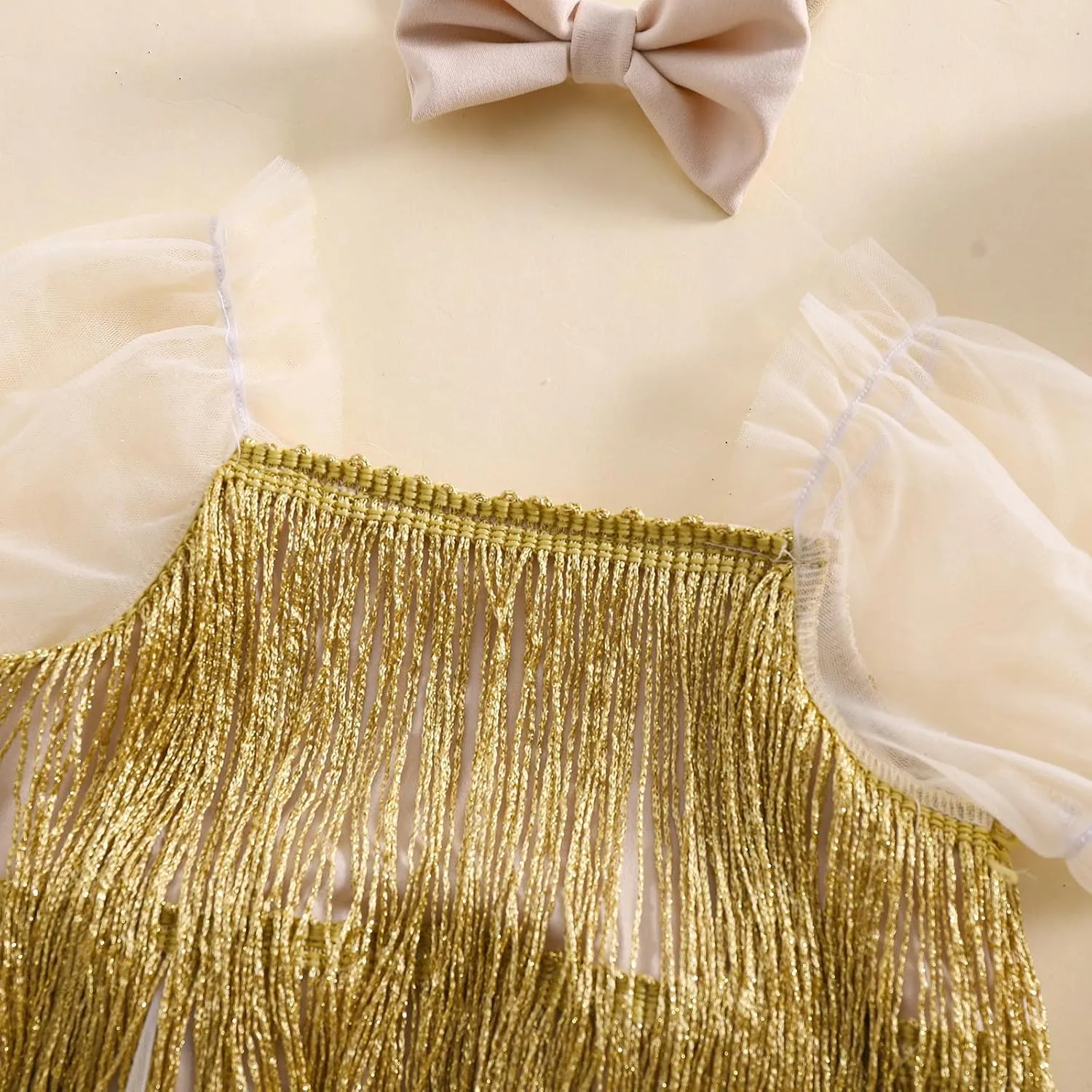 Newborn Sequin Fringe Romper Dress Sparkling Tassel Puff Sleeve Tulle Romper Headband Baby Girls Summer Clothes