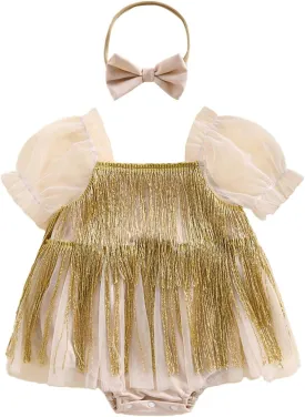 Newborn Sequin Fringe Romper Dress Sparkling Tassel Puff Sleeve Tulle Romper Headband Baby Girls Summer Clothes