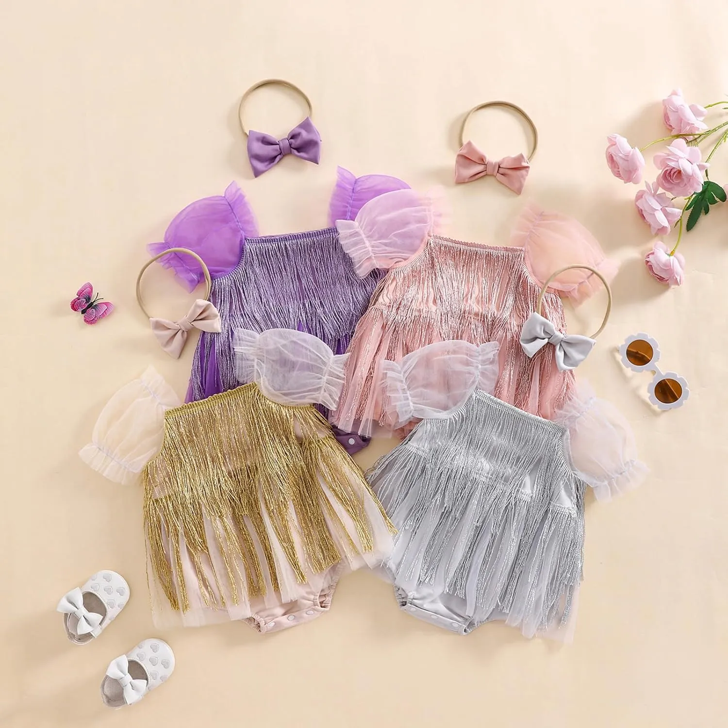Newborn Sequin Fringe Romper Dress Sparkling Tassel Puff Sleeve Tulle Romper Headband Baby Girls Summer Clothes