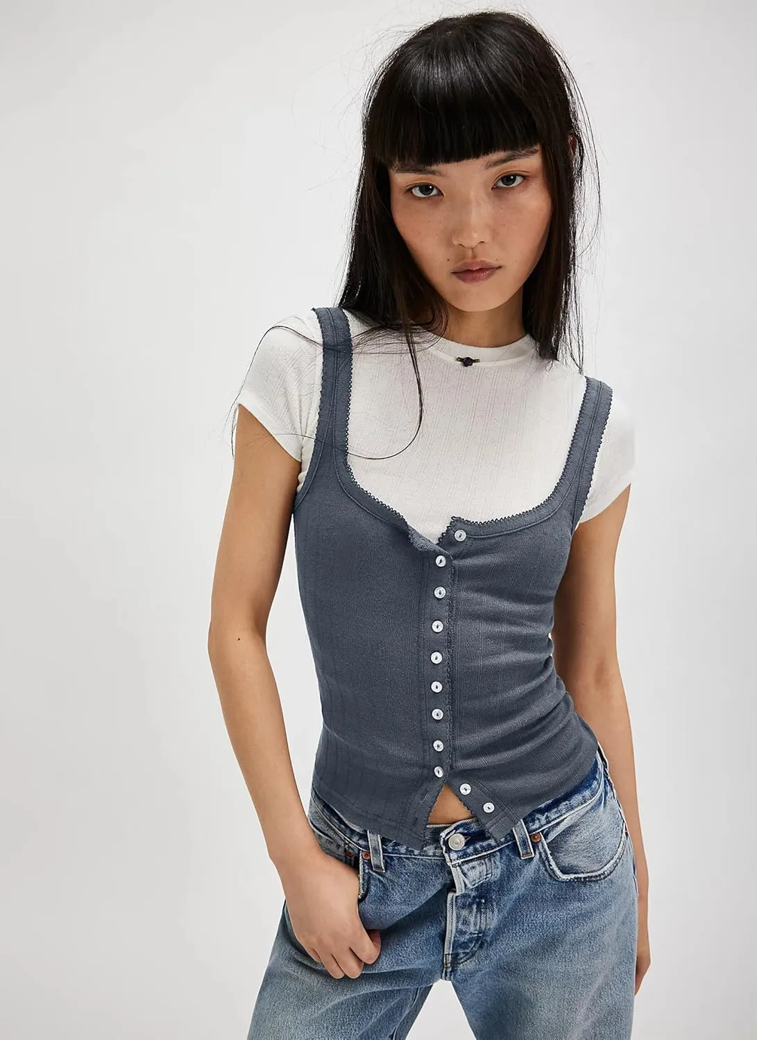 Neweek Women's Sleeveless Vest Button Front Tank Tops Ribbed Knit Square Neck Picot Trim Slim Fitted Y2K Shirts 2025