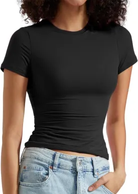 OMKAGI Double Lined Slim Fit T Shirts for Women Short Sleeve Crew Neck Crop Top