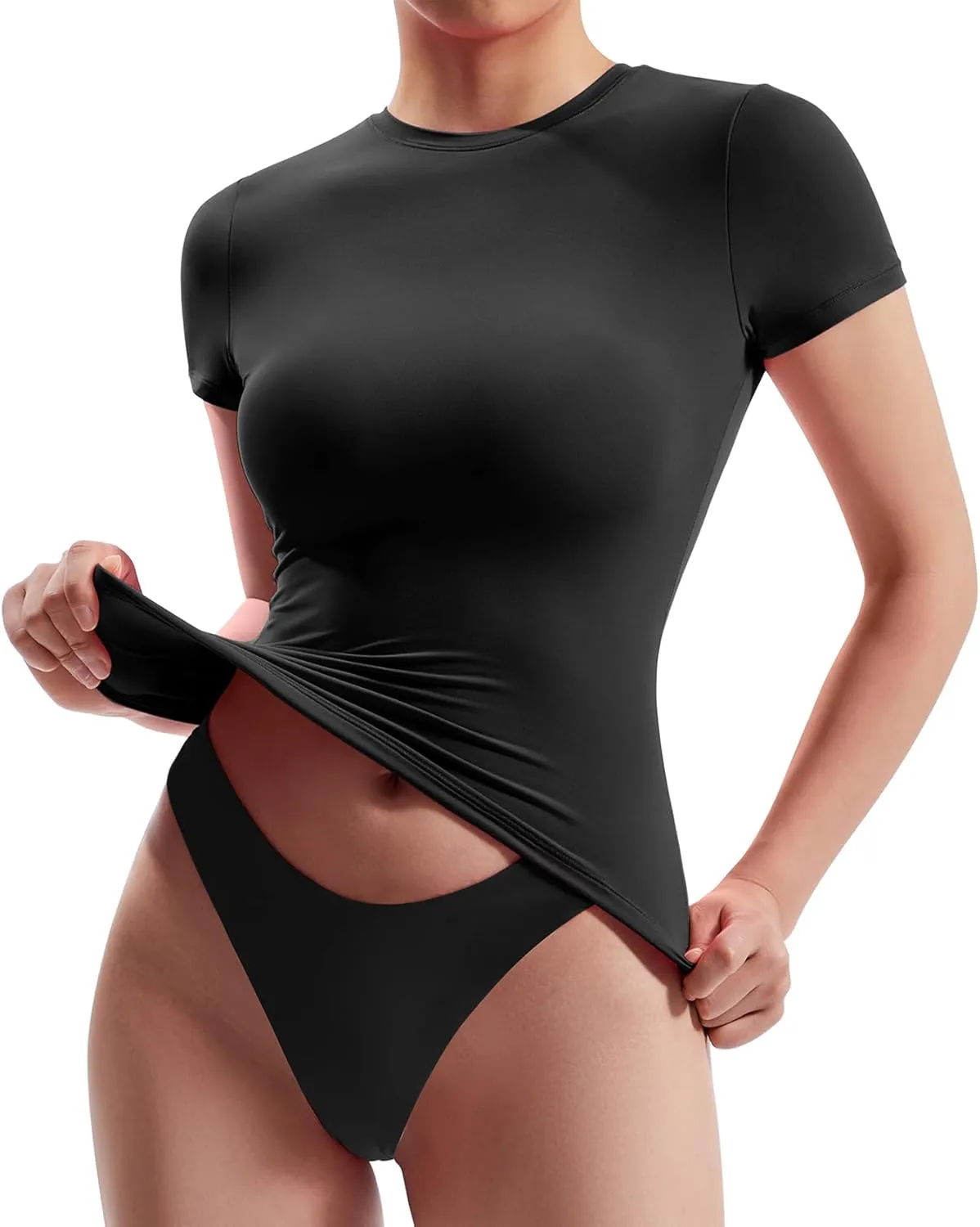 OMKAGI Double Lined Slim Fit T Shirts for Women Short Sleeve Crew Neck Crop Top