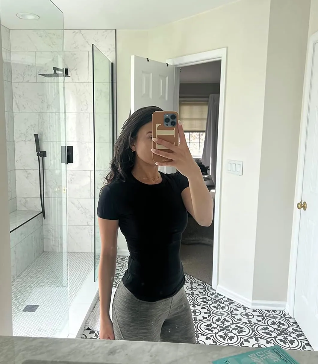 OMKAGI Double Lined Slim Fit T Shirts for Women Short Sleeve Crew Neck Crop Top