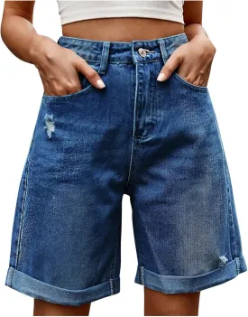 Oplxuo Jean Shorts for Women High Waisted Straight Leg Roll Cuff Bermuda Stretch Denim Shorts with Pockets