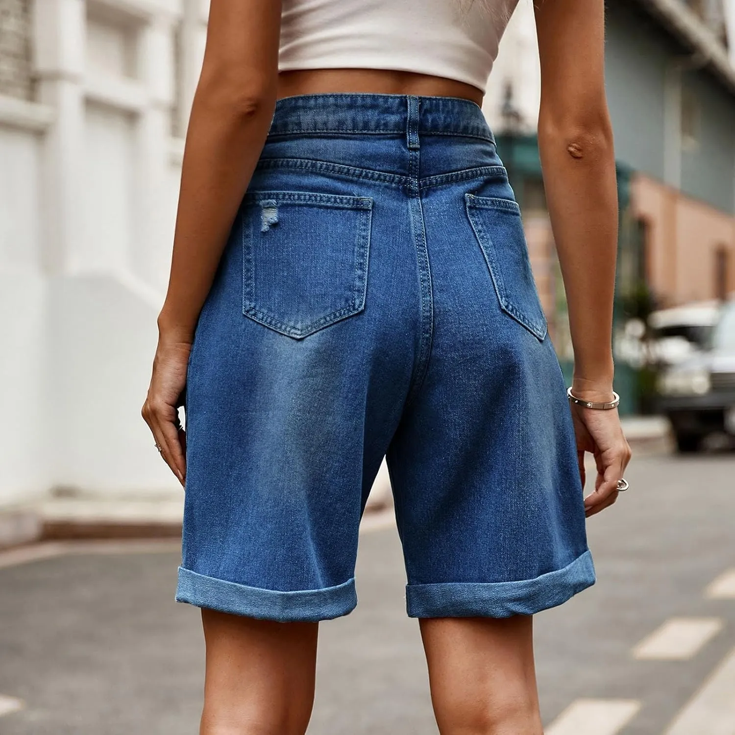 Oplxuo Jean Shorts for Women High Waisted Straight Leg Roll Cuff Bermuda Stretch Denim Shorts with Pockets
