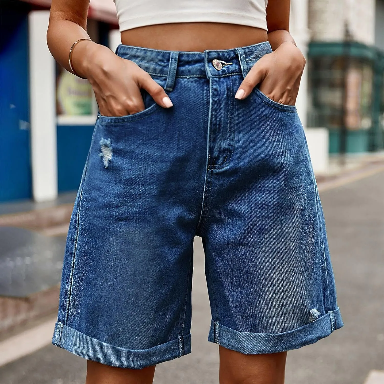 Oplxuo Jean Shorts for Women High Waisted Straight Leg Roll Cuff Bermuda Stretch Denim Shorts with Pockets