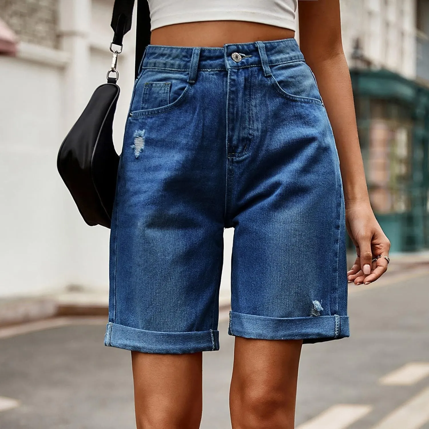 Oplxuo Jean Shorts for Women High Waisted Straight Leg Roll Cuff Bermuda Stretch Denim Shorts with Pockets