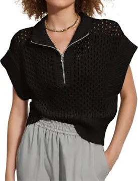 Oversized Hollow Knit Sweater Vest for Women Casual Half-Zip Cap Sleeve Crochet Knit Tank Tops