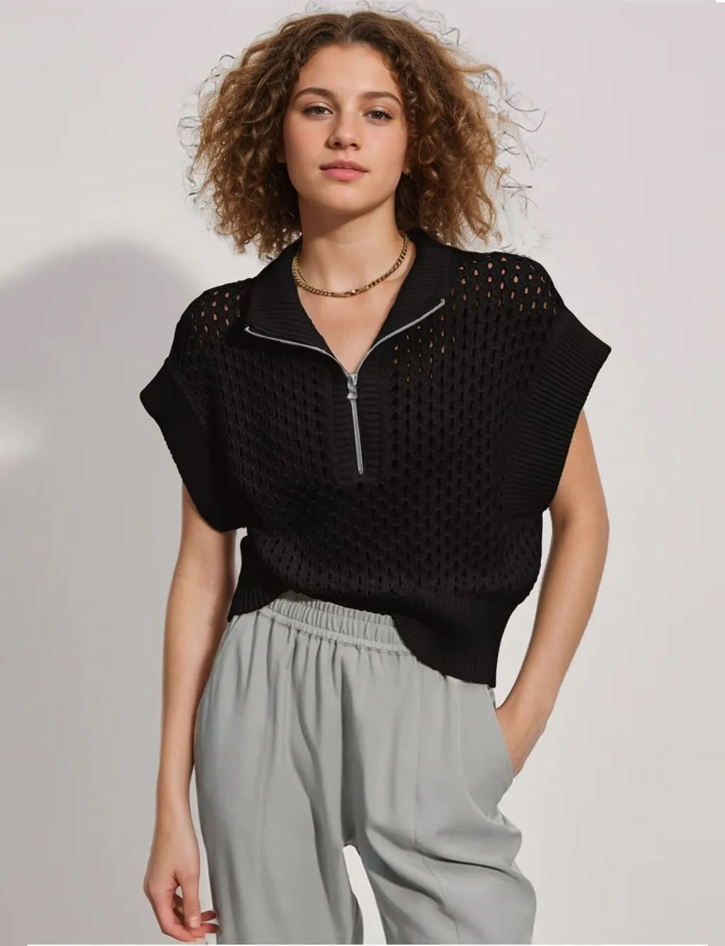 Oversized Hollow Knit Sweater Vest for Women Casual Half-Zip Cap Sleeve Crochet Knit Tank Tops
