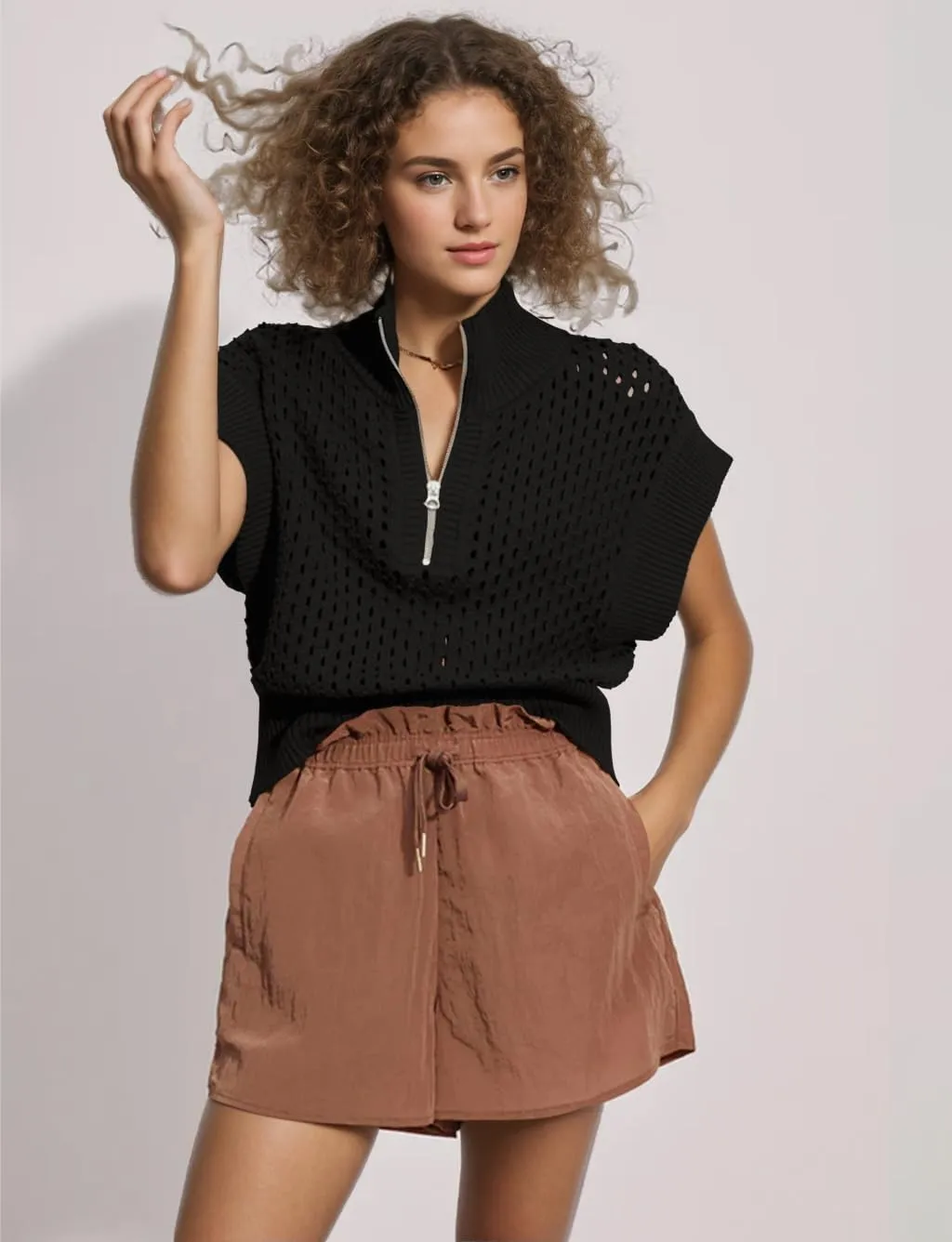 Oversized Hollow Knit Sweater Vest for Women Casual Half-Zip Cap Sleeve Crochet Knit Tank Tops
