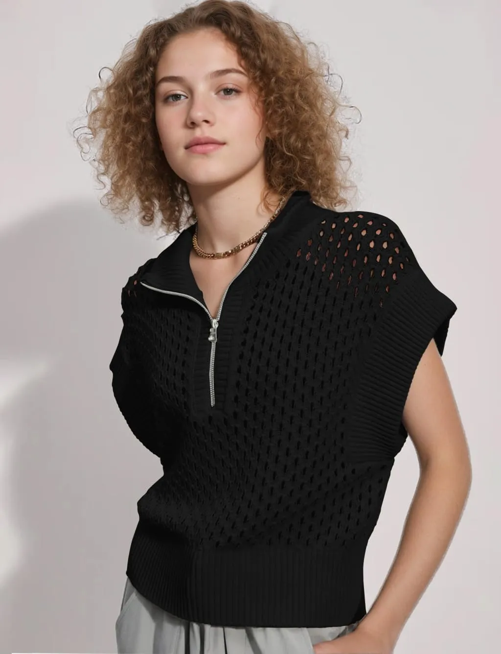 Oversized Hollow Knit Sweater Vest for Women Casual Half-Zip Cap Sleeve Crochet Knit Tank Tops