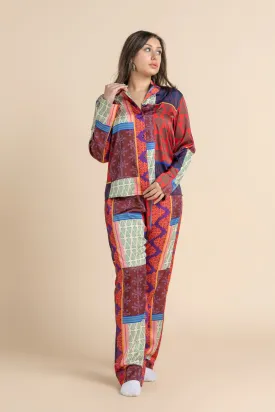 Playful Elegance Buttoned Pajama Patchwork
