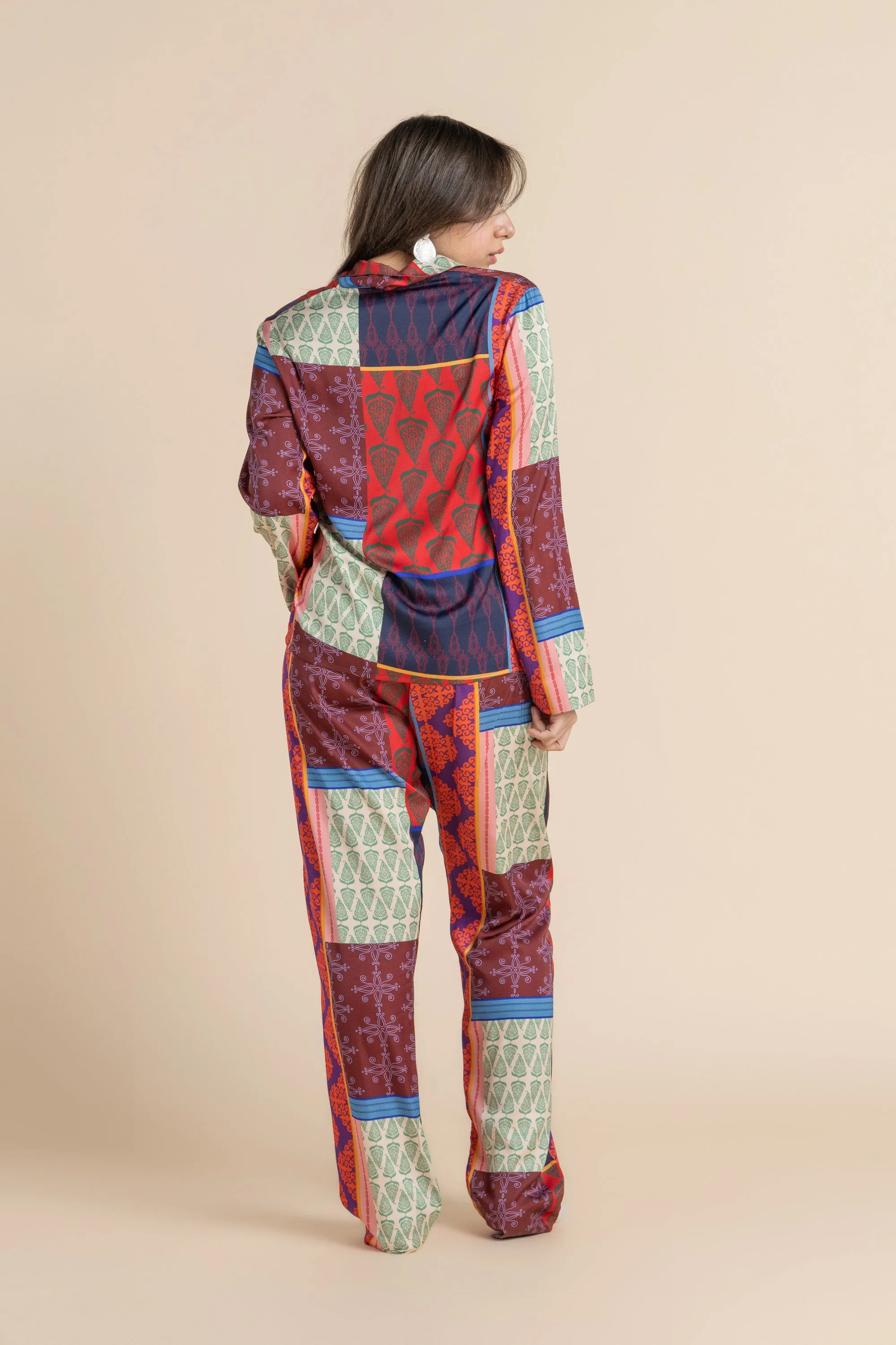 Playful Elegance Buttoned Pajama Patchwork