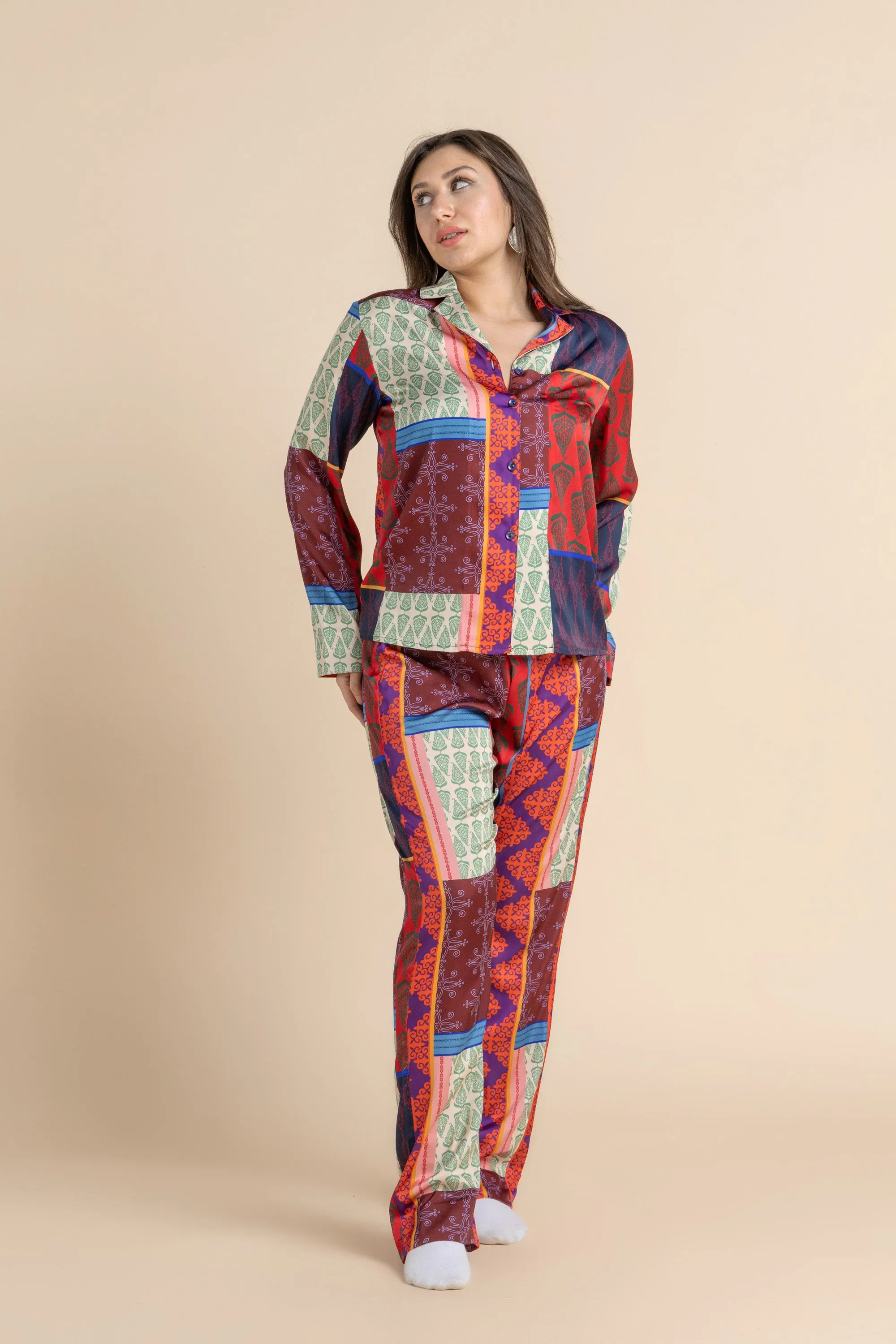 Playful Elegance Buttoned Pajama Patchwork