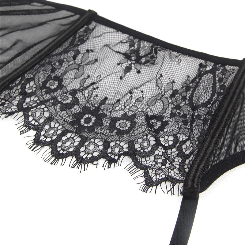 Queen Eyelash Lace & Sheer Bra Garterbelt Set