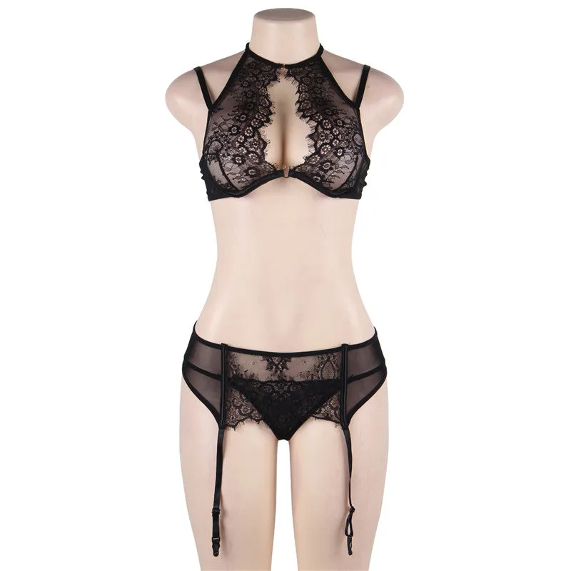 Queen Eyelash Lace & Sheer Bra Garterbelt Set