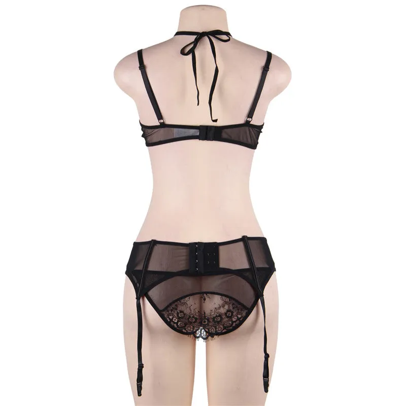 Queen Eyelash Lace & Sheer Bra Garterbelt Set